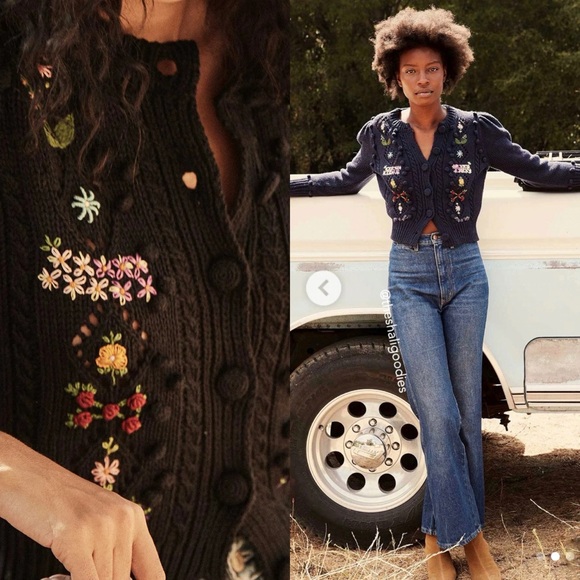 DOEN Forget Me Not Embroidered Cable Knit Cardigan Sweater in Black Sz S - Picture 2 of 8